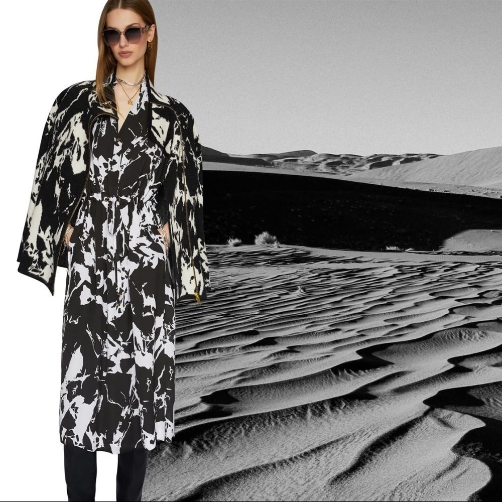 Kozan A-Line Shirt Dress Size S Geometric Print Black White Long Sleeve Pockets